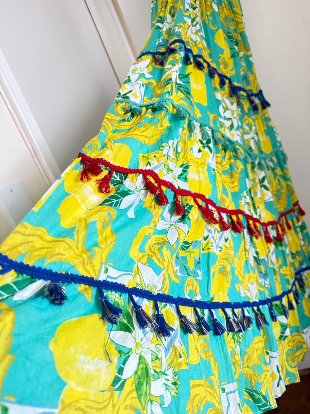 Tiered Sorrento Maxi Dress in Teal and Yellow with Tassel Trim